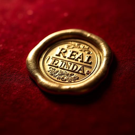Close-up shot of a polished gold seal on red velvet. The seal has the inscription LA REAL BANDA. Light softly highlights textures. The mood is luxurious and tactile. Photography has an abstract style. The image is square and high-end.