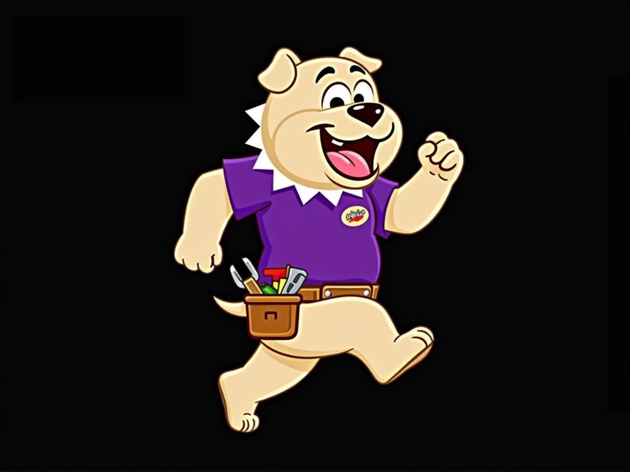 The image features a cartoon bulldog character that looks cheerful and energetic. The bulldog is running and wearing a purple shirt with a logo on it. It has a playful expression, showing its tongue and teeth, embodying a friendly vibe. The character has a tool belt around its waist, which includes some tools, suggesting it might be associated with construction or repair work. The background is black, highlighting the vibrant colors of the bulldog and its outfit. Overall, the character seems designed for a fun and engaging purpose, possibly as a mascot.