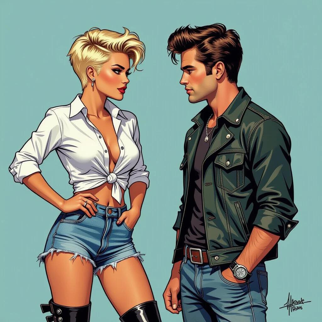 Comic-strip style illustration presents two characters facing each other. A confident young blonde girl in a knotted white shirt and denim shorts. She wears black motorcycle boots. Short tousled hair with a punk shave style. Next to her stands a male character resembling James Dean in a casual jacket. Bold contour lines mixed with photorealistic color tones.