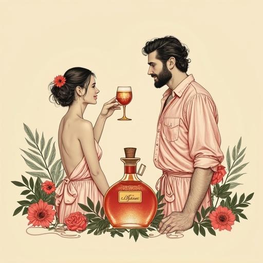 Minimalist screen printing artwork shows a scene in lush orchard. A man offers a toast with a cocktail glass to his female partner. She has a flower in her hair, wearing a boho-style blouse and wrap-skirt. A glowing apothecary bottle is nearby with elegant tag. Two cocktail glasses flank the bottle, roses and herbs surround it. The background is beige. Artwork evokes fantasy and nostalgia with bold, clean strokes in a minimalist style.
