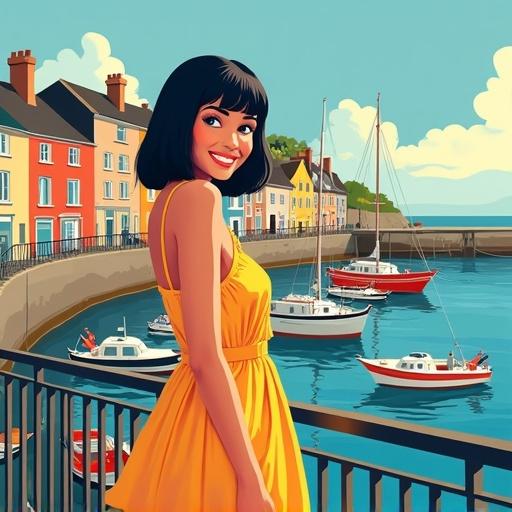 Colorful illustration of small port in Brittany with colorful boats floating on water. Behind colorful houses stretch up the slope. Bright sunny day in the style of nostalgic travel poster. Bold colors and clean lines. Young woman with black bob and straight bangs stands on railing, wearing bright summer dress and smiling at camera, giving warm presence to scenery.