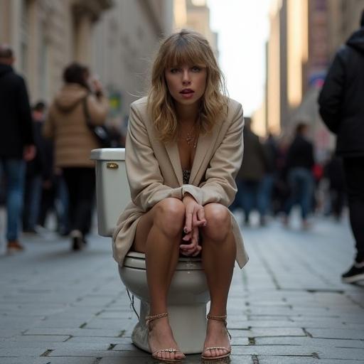 Person sitting on a toilet in a crowded street in downtown New York City. Urban setting with passersby in the background.