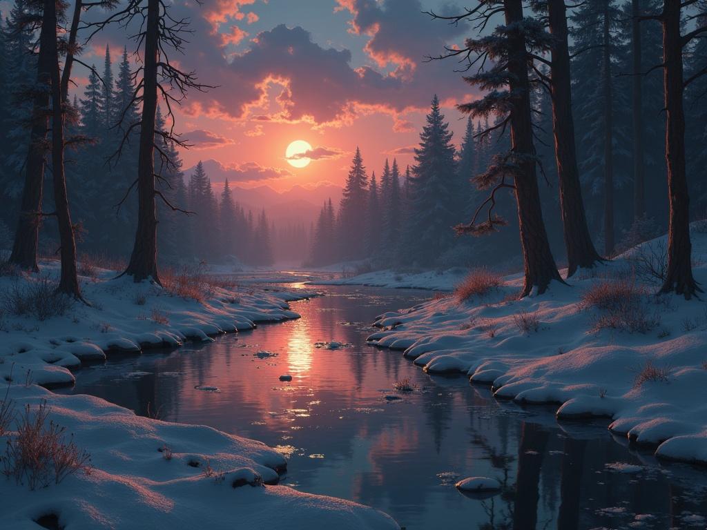 A tranquil winter landscape featuring a river surrounded by snow and tall pine trees. The sun sets on the horizon casting warm light over the scene, creating reflections on the water. Soft clouds float in the sky adding to the ambiance.