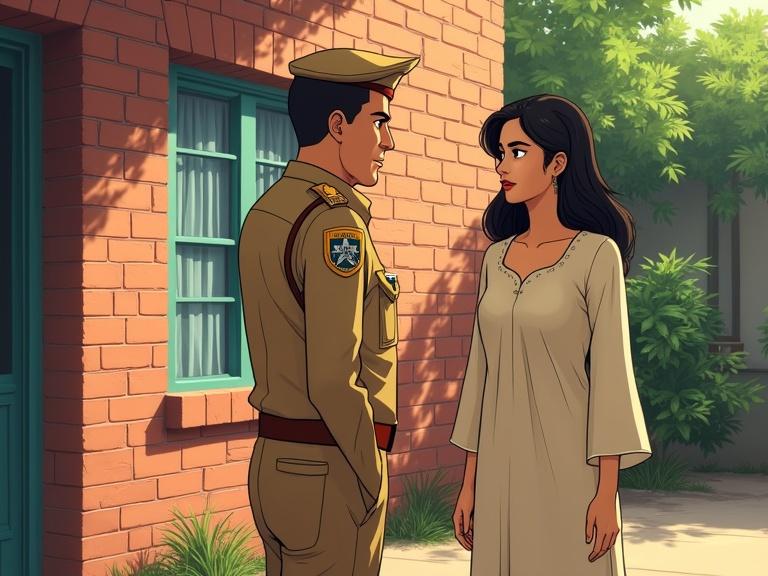 Illustrate an outdoor scene with a police officer in khaki uniform and a woman in light beige traditional attire. Show a warm reddish-brown brick wall with a teal window and greenery in the background. Capture a serious mood with sunlight creating soft shadows. Use a cartoonish semi-realistic anime style with clean lines and subtle shading.