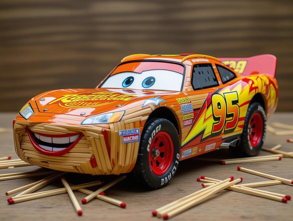 A racecar built from wooden sticks and twigs. The car features an expressive face and curved body. Tires crafted from circular stick patterns. Iconic silhouette with wooden headlights and spoiler. Smiling grill and painted wood accents. High-detail craftsmanship in a folk-art style. Stop-motion diorama aesthetic.