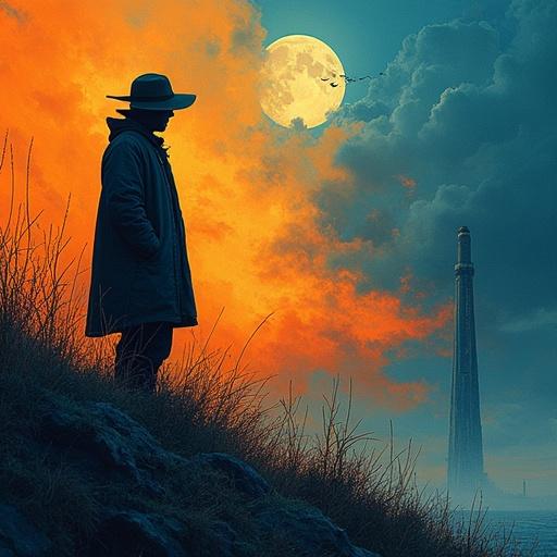 Create an abstract image with the theme of fragments. Style should be abstract and grunge with a pastel color palette featuring contrasting colors like muted blue and soft orange. Include a silhouette against a dramatic sky and a glowing moon.