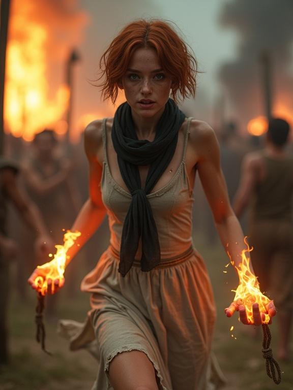 Photorealistic image of a young woman running from a burning gallows. She has short auburn hair, pale skin, and freckles. She wears a tattered dress and a black scarf. Flames surround her hands. The background features panicked people and deep violet flames. The scene conveys urgency and chaos.