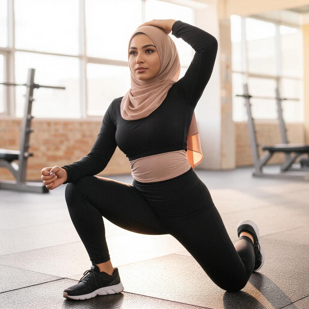 A woman in a hijab performing a glute exercise in a gym. The setting shows fitness equipment in a bright environment.