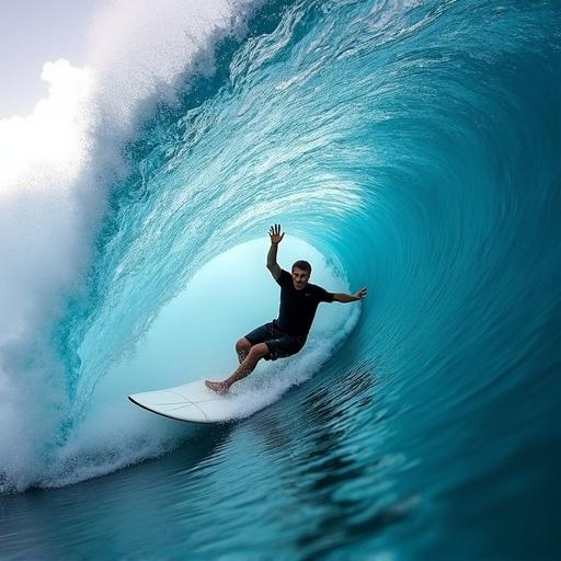 A surfer rides inside a large wave. The surfer is positioned in the cylindrical tunnel of water. The wave is powerful and dynamic. Bright colors of water contrast against the sky. Capture the excitement and skill of surfing.