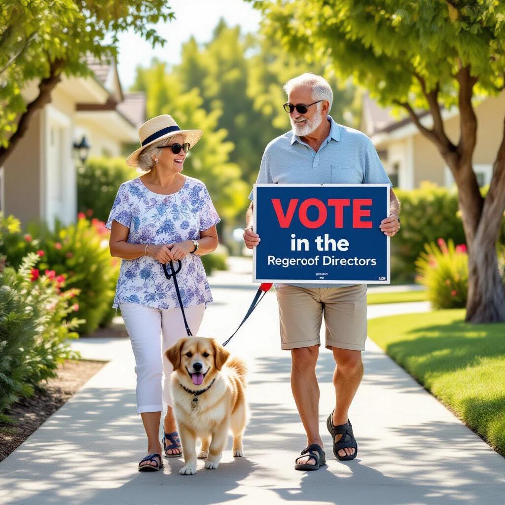 Elderly couple walks dog in a California residential neighborhood. They wear summer clothes. One holds a blue sign that says Vote in red and Regency Board of Directors in white. The dog is friendly on a leash.