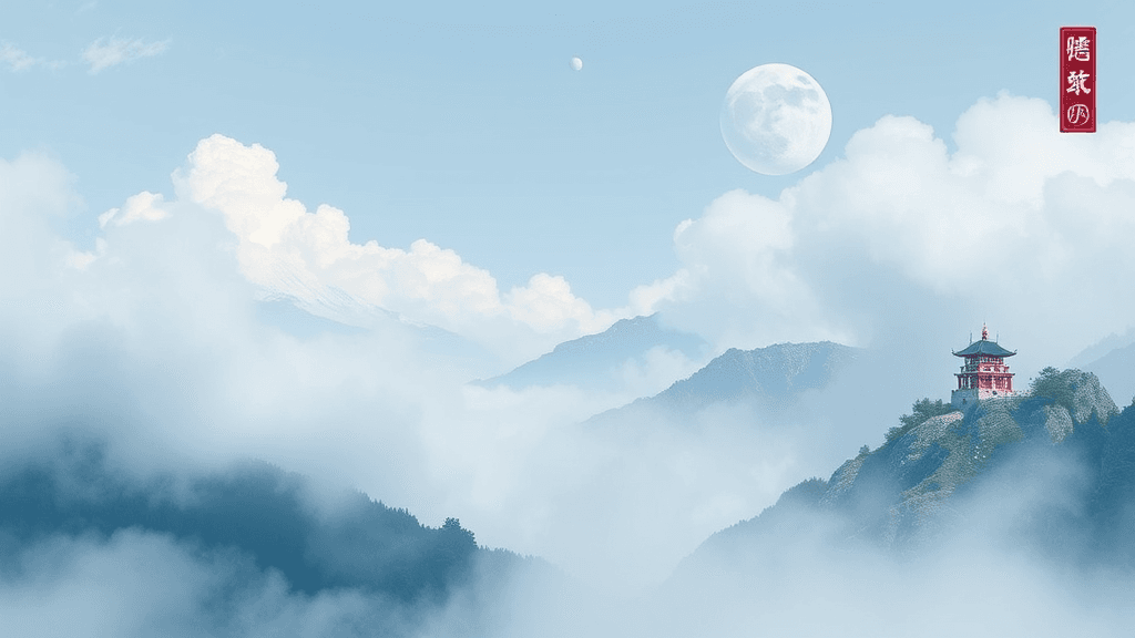 A pagoda stands on a misty mountain with the moon shining above.