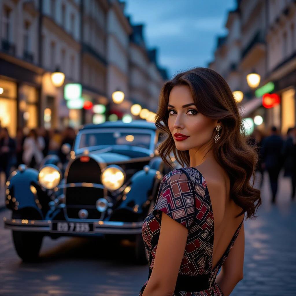 Street photography portrait of a beautiful mature woman wearing a retro Art Deco dress. Background features a vintage Bugatti Type 35 on a bustling urban street at dusk. The woman is photographed slightly from behind with her head turned to the left, revealing her profile. She has dark auburn hair, styled long and natural. The scene captures extreme detail in the dress and accessories while the background has a vibrant evening atmosphere with motion-blurred pedestrians. The lighting creates a warm sunset feel with deep twilight colors. The photograph has a cinematic look with dynamic bokeh effects.