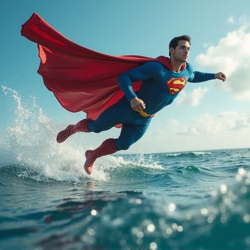 Superman flying over the sea with a red cape. Heroic pose and dynamic action. Ocean waves splashing around him.