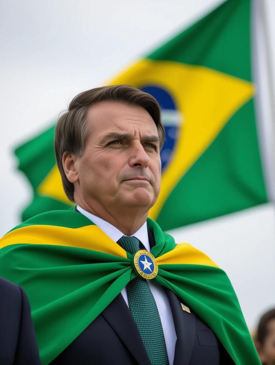 Jair Bolsonaro looking towards the horizon with a serious expression in front of a Brazilian flag waving. Journalistic photo style with a blurred background.