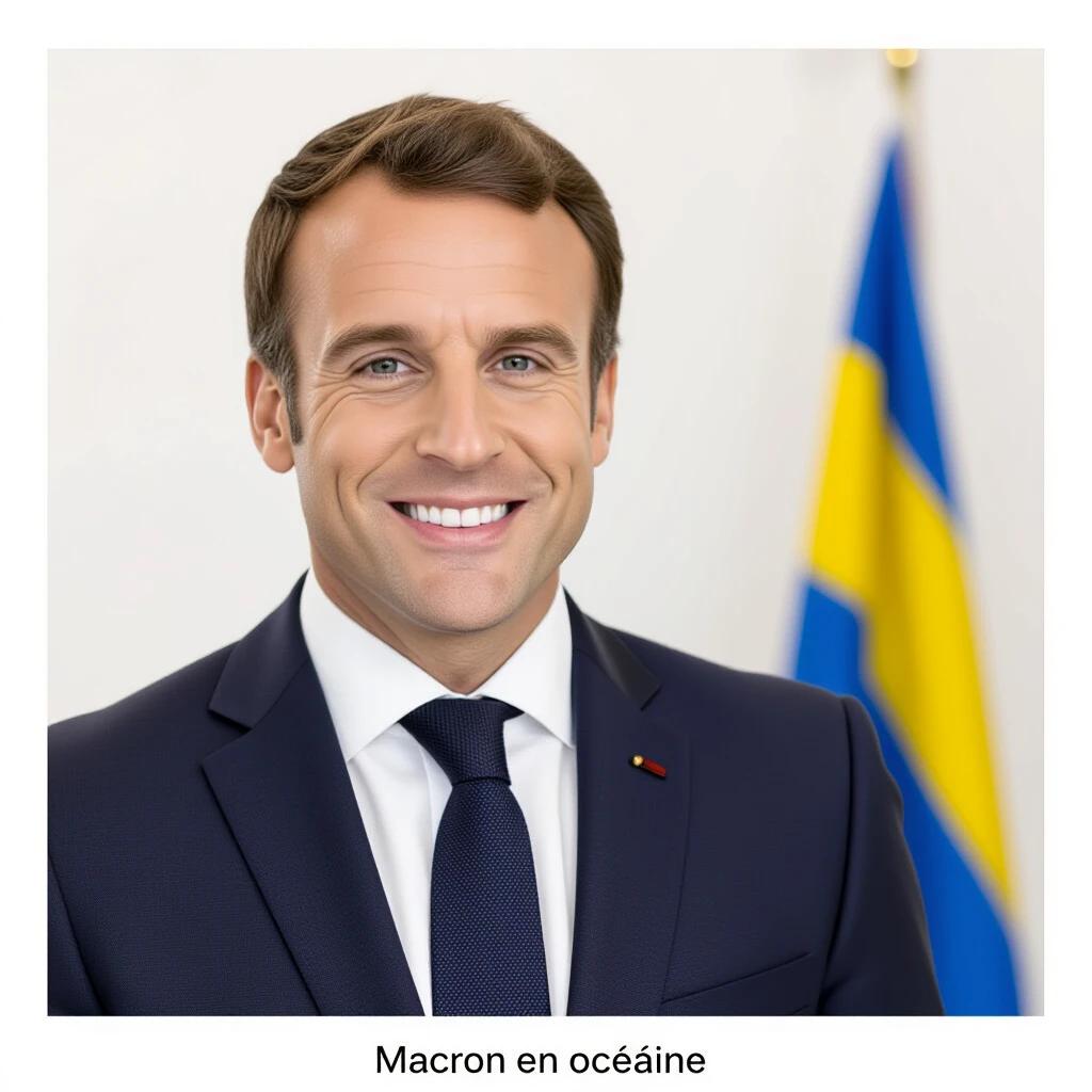Macron in Oceania. Formal attire present. The background features a blue and yellow flag. Important international meeting. Political setting.