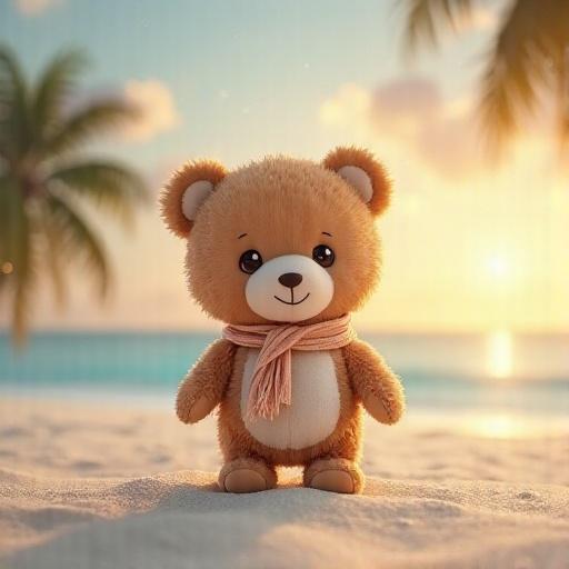 A soft baby teddy bear in chibi plushie style stands on a white sand beach during golden hour. The bear has a delicate plush body with baby proportions and reflects tenderness. Its eyes are large, round, and shiny, with a gentle sparkle and a light smile. A cozy scarf flutters in the breeze. Palm trees sway in the background under a golden sunset sky, with warm sunlight illuminating the bear. Tiny golden particles add a magical feel. The scene shows the bear in a three-quarter view, captured from a low angle, with wide open space around.