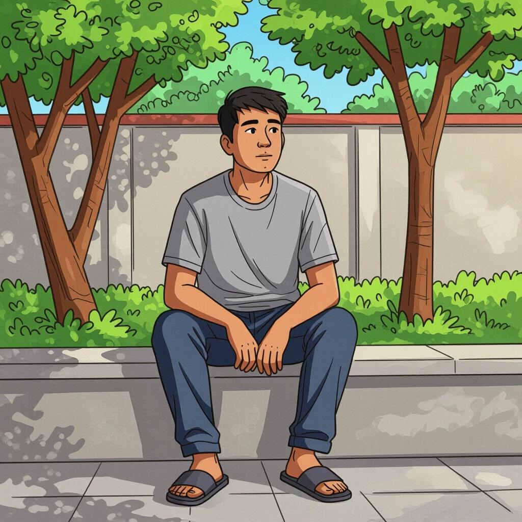 Young Filipino man sits quietly on a bench. He wears a grey shirt and blue long pants. Casual slippers adorn his feet. Hands rest on knees. Surrounded by trees in a courtyard. Looks slightly upward in thought. Artwork in line drawing style.