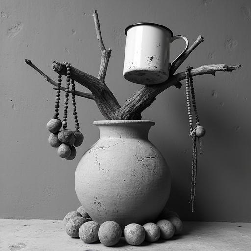 Black and white photo featuring a cracked clay vessel supported by branches. An upside-down white mug sits atop. Old clay beads hang from branches. Background shows a textured adobe wall with faint inscriptions. Soft diffused lighting creates a timeless feel.