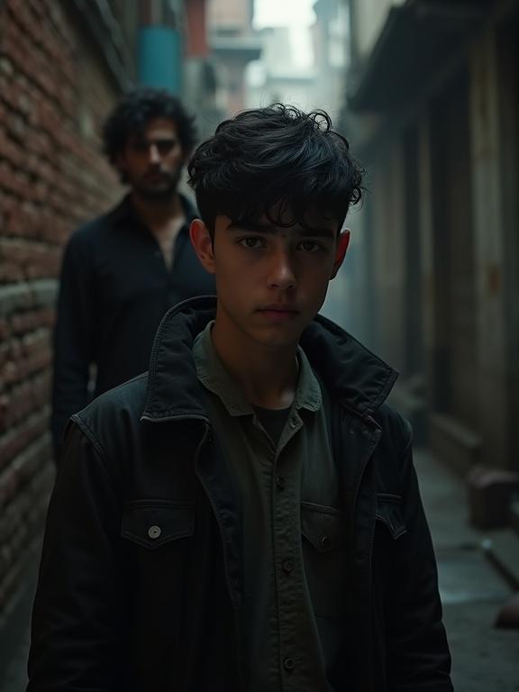 Full figure shot of a young Turkish male in an alleyway. Dark hair character standing in a gritty setting. Older male figure is behind him. Strong contrasts from the lighting create a moody atmosphere. The character shows worry and fear. Dimly lit alley features bricks.