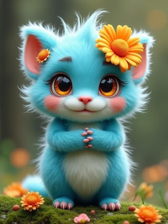 Fantasy-inspired fuzzy forest creature with vivid sky blue fur and floral decorations standing upright in a sun-drenched forest glade
