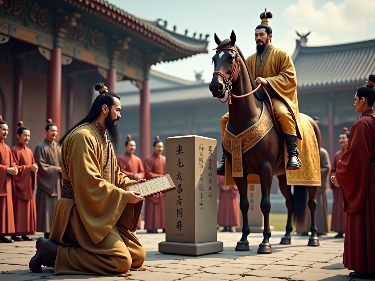 Generate a hyper-realistic photo capturing a pivotal moment in ancient Chinese history. On the left, 35-year-old Zhang Qian kneels, holding a ceremonial hupan (a wooden tablet used during court rituals), dressed in a humble yet dignified robe in earthy tones, bidding farewell to Emperor Wu of Han, who sits atop a majestic horse. Zhang Qian has a neatly groomed scholar’s beard featuring a pointed goatee and a thin, slightly curved mustache, symbolizing his status and wisdom. Beside Zhang, attendants in muted red and deep brown Han dynasty robes stand respectfully, some with short, unkempt beards reflecting their modest status. The emperor, 18, exudes authority with sharp features and almond-shaped eyes, adorned in a luxurious golden robe with intricate dragon embroidery, a tall ceremonial crown atop his head. His youthful face is clean-shaven, emphasizing his vigor and imperial poise. Surrounding him, attendants in vibrant red and gold robes maintain a calm demeanor, some sporting trimmed mustaches that convey their higher-ranking status. One attendant holds a square imperial canopy with flowing tassels, enhancing the scene's regal atmosphere. In the center, a stone stele with partially visible inscriptions adds historical depth. The background features a grand palace, with intricate wooden pillars and tiled roofs visible in the distance, bathed in soft yet dramatic lighting that emphasizes the intricate details.