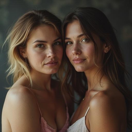 Two women with soft expressions pose closely together. They have long hair and wear delicate clothing. The background is muted. The lighting is soft and warm. Their expressions convey a sense of connection.
