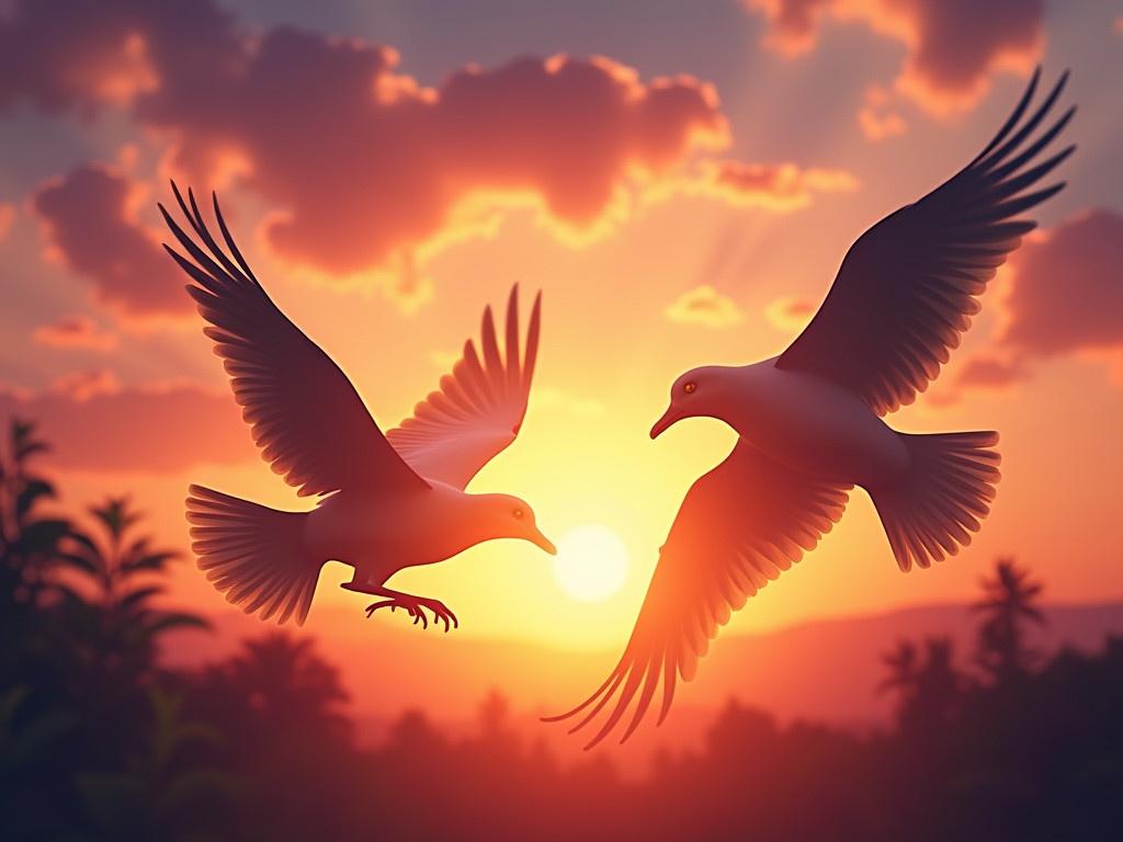 Imagine a beautiful scene depicting love and romance. A flock of birds is gracefully flying together in a heart formation. Behind them, a stunning sunrise or sunset is casting vibrant colors across the sky. The warm hues of orange, pink, and purple enhance the romantic atmosphere. The silhouettes of the birds create a striking contrast against the glowing backdrop. This picturesque moment symbolizes love, unity, and the beauty of nature.