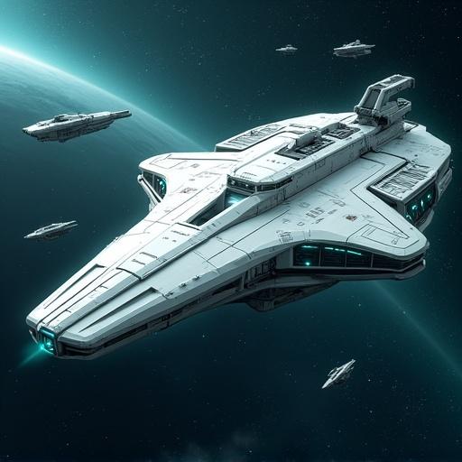Large futuristic white spaceship in the center with smaller spacecraft surrounding it in space. Main ship has sleek elongated design. Surface is smooth reflective with intricate details. Numerous windows visible. Ship has light white color with gray and metallic accents. Turquoise blue highlights add futuristic aesthetic. Fleet of various smaller spacecraft around main vessel. Background contains vast space with scattered stars and a hazy blue planet showing scale.
