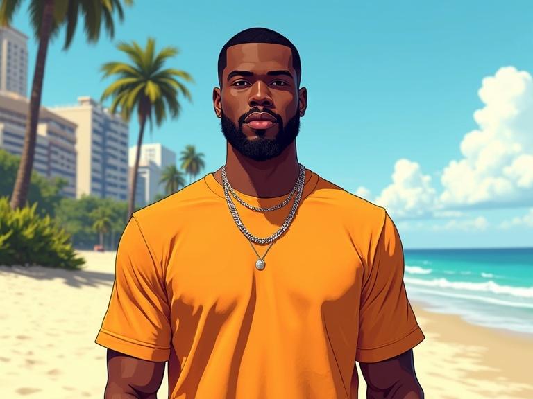 Confident Black male rapper standing on a sandy beach in bright sunlight. He wears a solid yellow t-shirt. Background includes palm trees and beach vegetation. Cartoon style with bold outlines and vibrant colors. No details of the face are shown.
