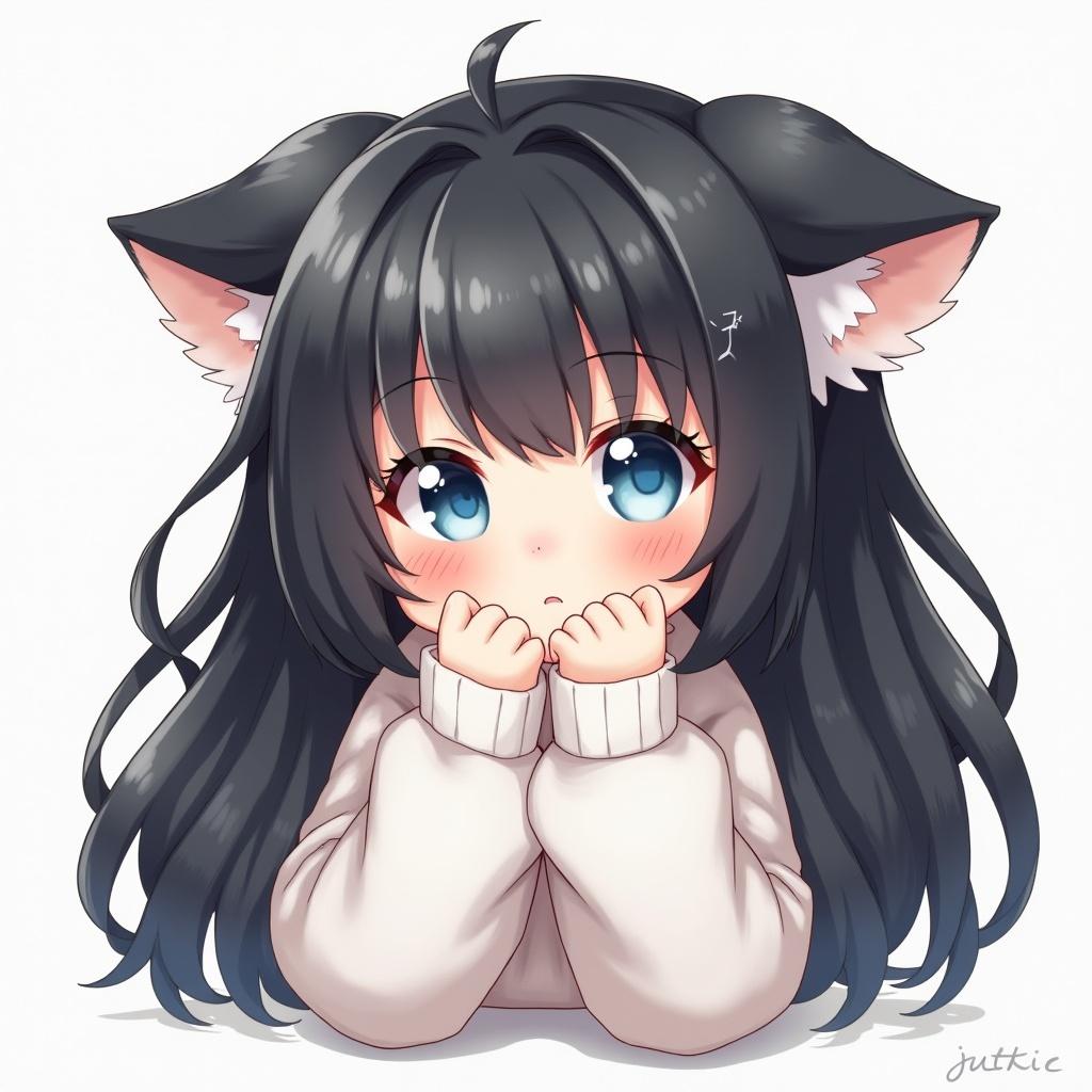 Digital illustration of a cute shy girl. She has long black and white fluffy hair. Pale blue eyes brighten her fair skin. The girl appears modestly chubby. She has a cuddly character. Subtle artistic details enhance her charm.