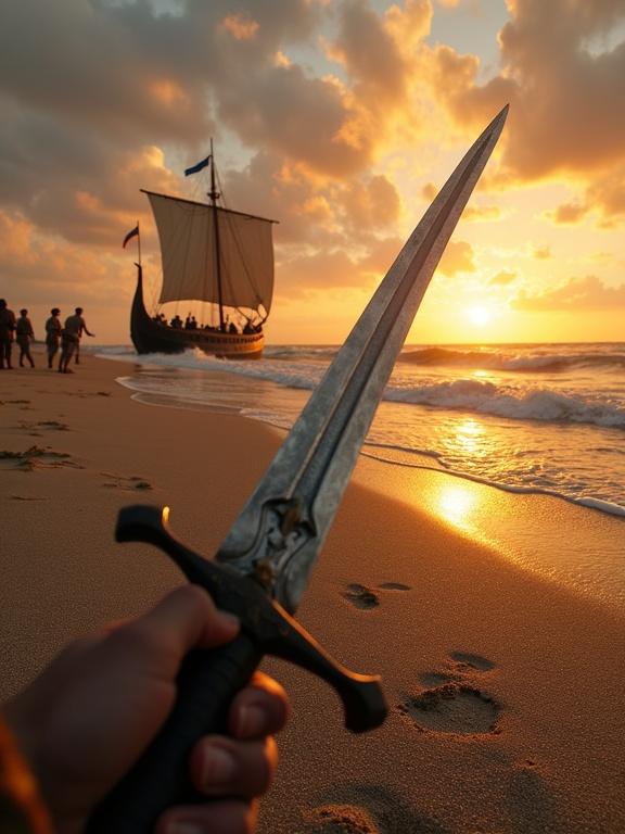 First-person perspective holds sword on beach as longship approaches. Sandy shore underfoot with warriors charging in the background. Sunset creates dramatic atmosphere. Adrenaline flows with sounds of battle. Immersive cinematic depth.