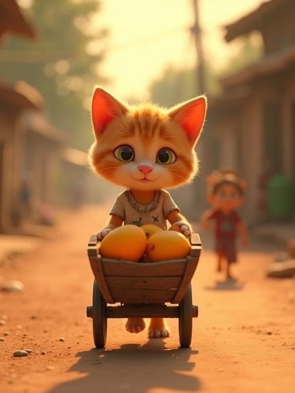 Cute ginger kitten in torn t-shirt and shorts. Pushing a small wooden cart filled with ripe orange mangoes. Set on a dusty village road. Warm warm light of a late afternoon. Villagers walking in the background.