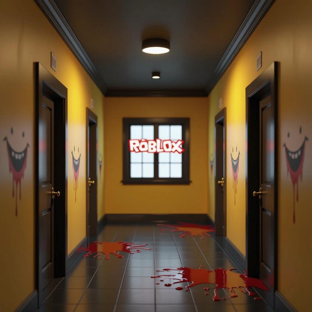 A yellow hallway with windows at the end featuring the word 'Roblox' in red. Locked doors line the sides of the hallway. The walls are adorned with smiling faces dripping red paint.