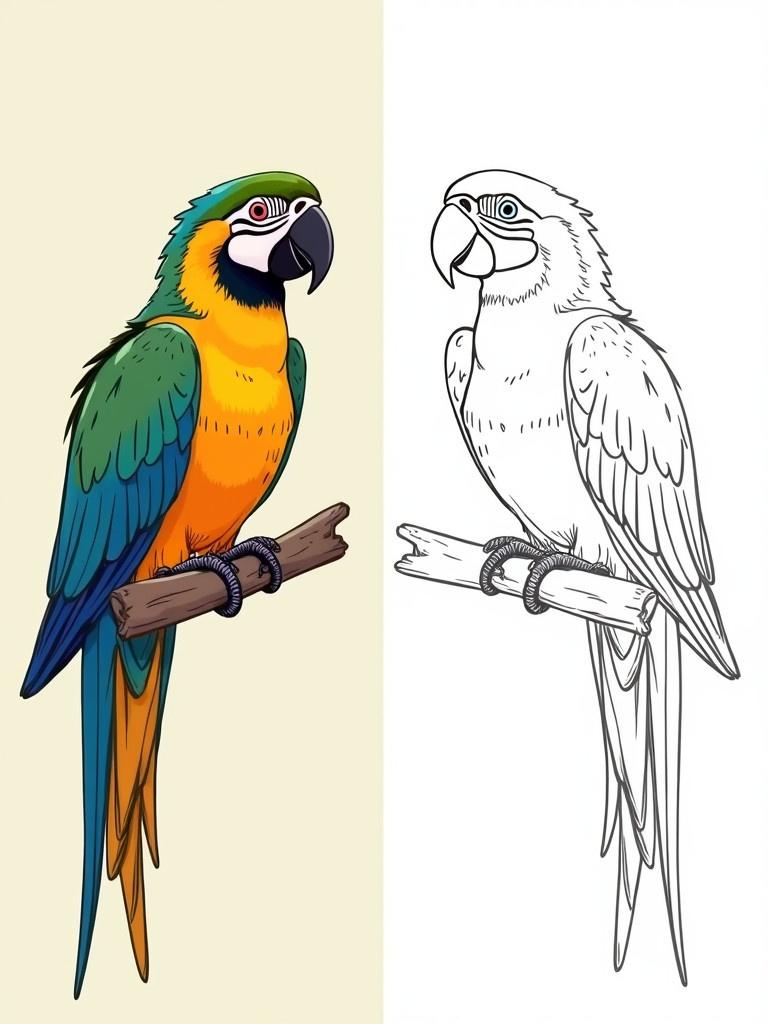 A colorful illustration of a cheerful parrot sitting on a branch is on the left. The same parrot is shown in black and white outline on the right. The parrot has vibrant feathers.