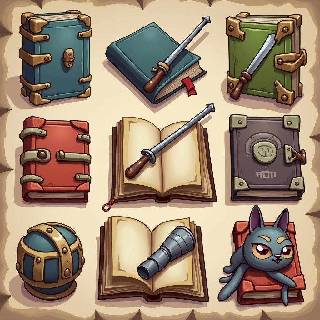 A collection of illustrated book assets for an adventure game. Includes books with decorations of weapons and a cat. Features various styles of books and items arranged in a grid pattern.