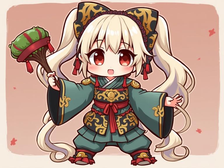 A chibi character dressed in Tang Dynasty-inspired clothing. The character has long, flowing hair and wears a decorative outfit with vibrant colors, holding a traditional fan.