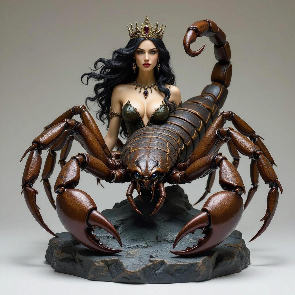 Resin sculpture depicts a Scorpio-inspired goddess. Upper body is human with long black hair. She wears a crown with dark gems and has an imposing face. The lower body is a giant scorpion with sharp legs, enormous claws, and a prominent stinger. Sculpture rests on a rock base. The scene has a dark and enchanting atmosphere with a cinematic style.