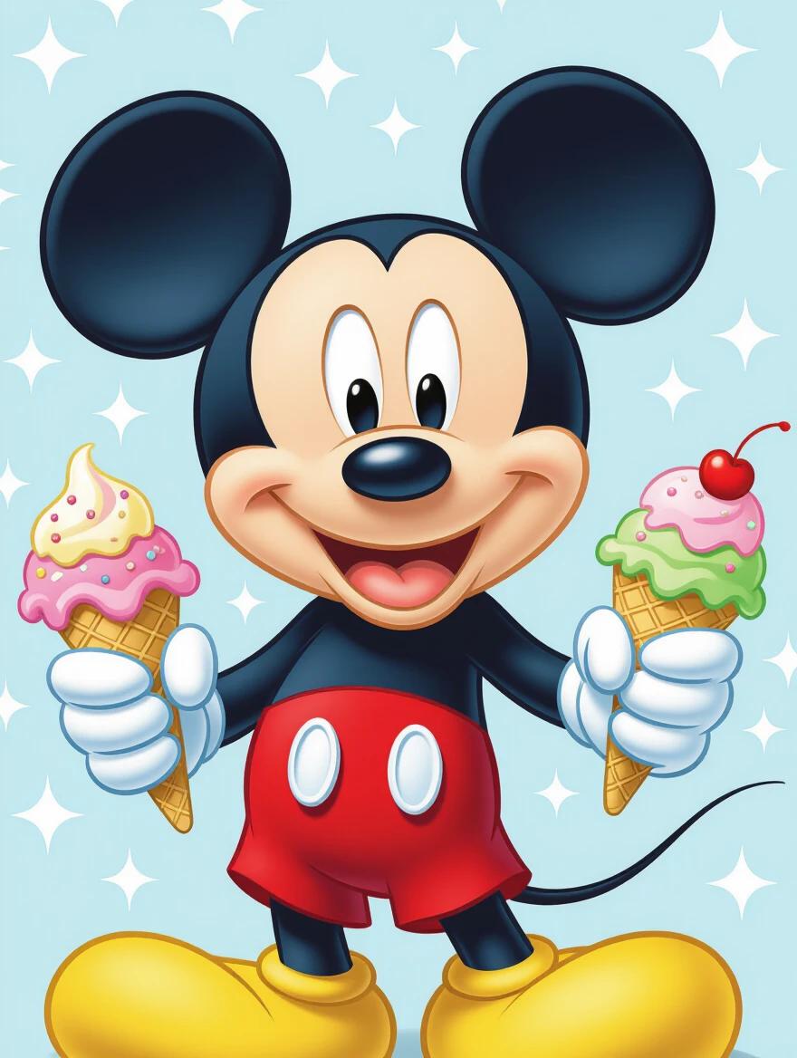 Mickey Mouse holding two ice creams in a happy pose. Cute background with sparkle effects. Cartoon design for kids. Playful character with a joyful expression.