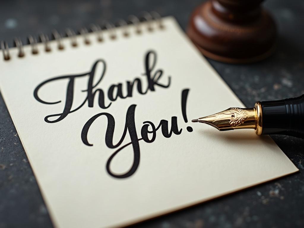 The image shows a close-up of a thank you card with elegant calligraphy. The words 'Thank You!' are beautifully written in cursive on the front of the card. Next to the card, a classic fountain pen is resting, indicating it's ready for writing. The background is dark, which highlights the light-colored card and the glossy pen. There is a subtle texture on the card, adding to the sophisticated look of the image. The overall aesthetic conveys gratitude and elegance.