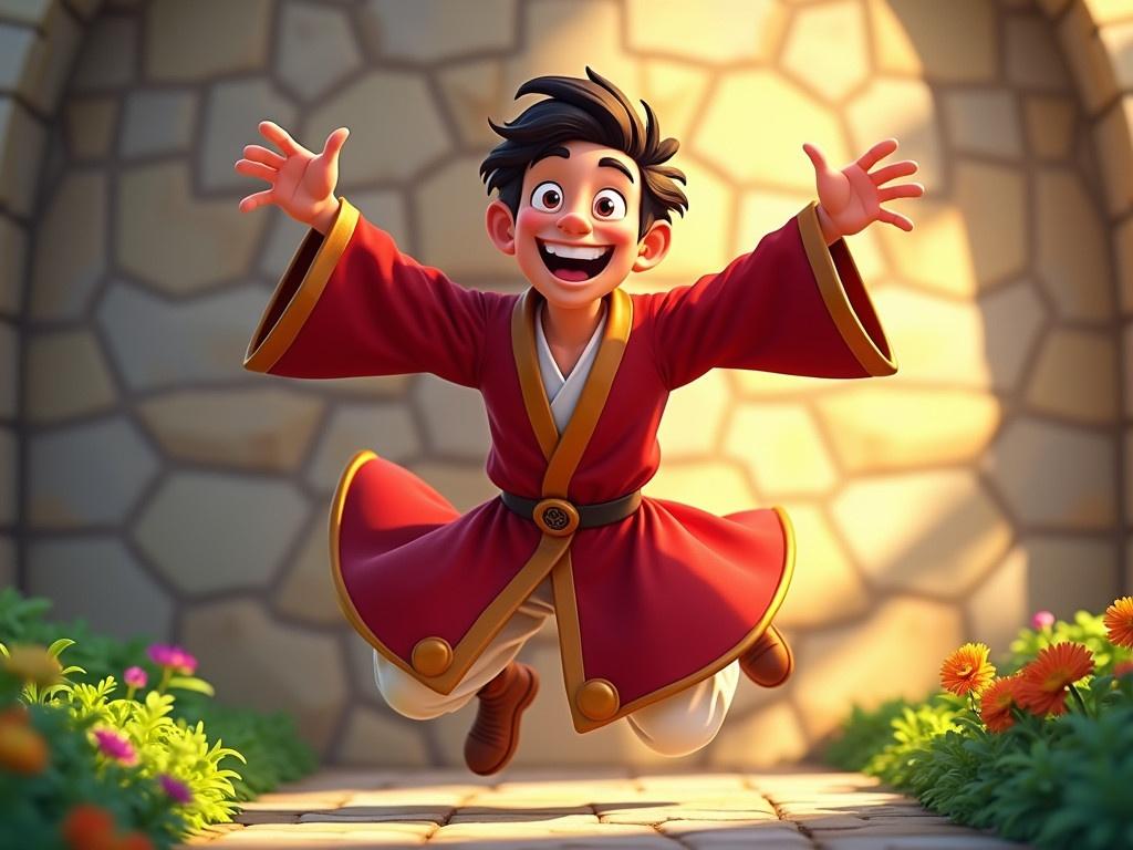 The image features a cheerful character depicted in a vibrant, animated style. He is wearing a richly colored red robe adorned with gold accents and is joyfully leaping into the air, arms wide open. The background consists of a stone wall illuminated by sunlight, casting shadows that add depth to the scene. Lush greenery and colorful foliage can be seen at the bottom edges of the image, suggesting a lively environment. The character's expression conveys excitement and happiness, making the scene feel whimsical and playful.