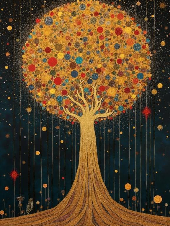 Artwork featuring a large, colorful tree with a round canopy covered in vibrant circles. The background is a deep blue with star-like elements scattered throughout. The tree trunk is golden, and the overall style is influenced by decorative art.