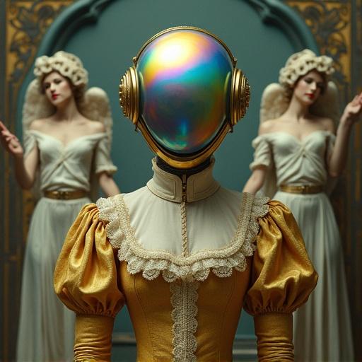Surreal artistic portrait featuring Victorian dress and futuristic helmet. The image combines historical and futuristic elements. A woman in a vibrant dress with a colorful helmet instead of a head. Surrounding angels and rich background add depth.