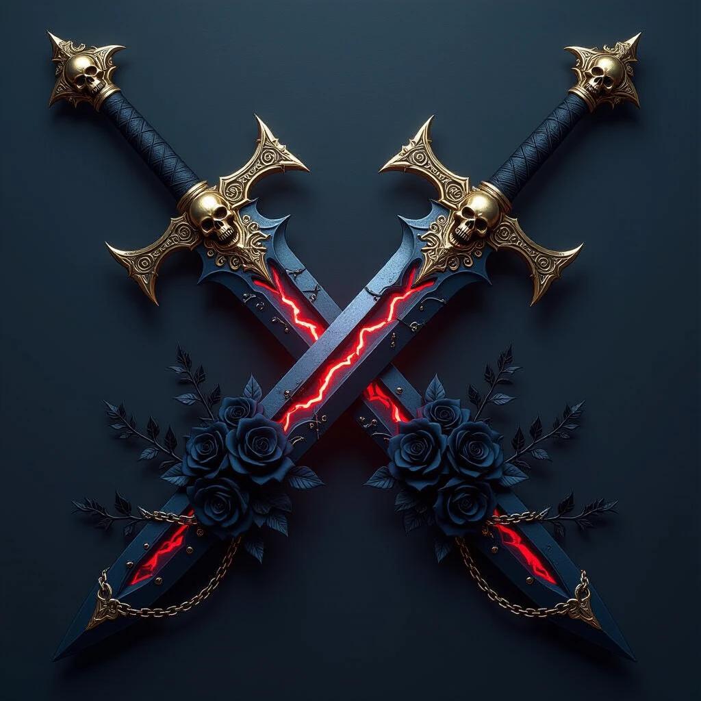 Hyper-realistic illustration of two gothic infernal swords crossed in an X. Swords forged from dark matte black steel featuring gold and silver gothic ornaments. Details include demonic skulls, baroque curves, and ancient runes. Blades showcase glowing cracks in crimson and violet tones. Crossguards are wide, decorated with spikes and chains. Hilts wrapped in dark leather. Cluster of black roses and thorny vines at intersection of swords. Background in solid dark gray with soft shadows and mist.