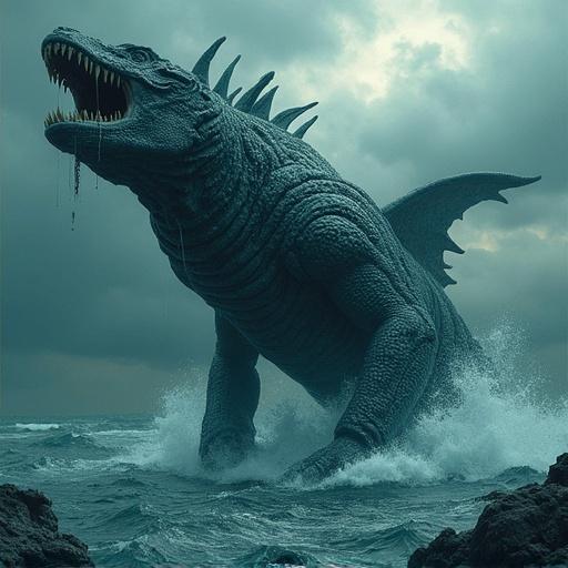 A creature known as Leviathan, large and menacing, appears underwater. Produces a sense of awe and fear. Dark and mysterious atmosphere. Powerful presence. Represents mythological themes.