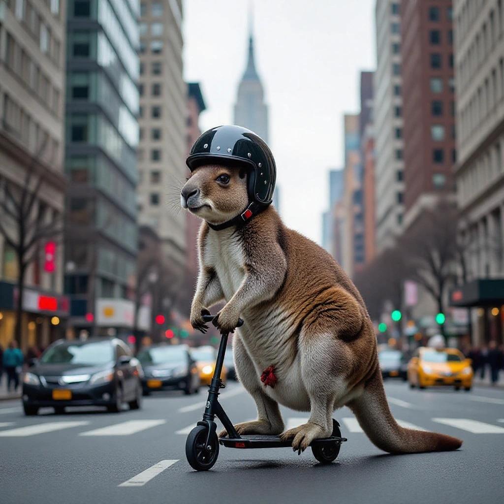 A kangaroo wearing a pilot helmet rides a scooter in a big city between vehicles and large buildings.