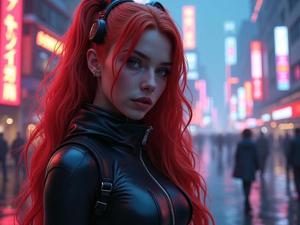 A redhead woman in a sleek outfit stands in a neon lit cyberpunk cityscape. The background is filled with glowing signs and a bustling crowd moving through the rain. The woman's hair is vibrant and her expression is strong.