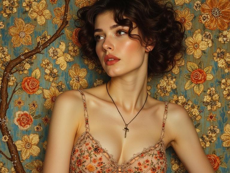 Elegant woman in floral background. Features intricate patterns. Soft light accentuates textures. Displays a serene expression. Highlights a cross necklace.