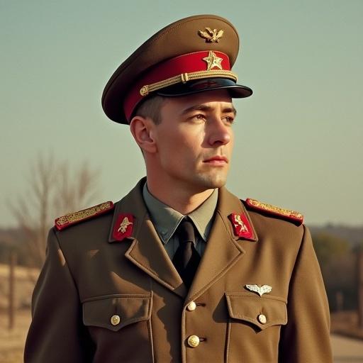 Young soldier in Soviet military uniform. Captured in natural light. Portrait style. Warm atmosphere. Historical context.