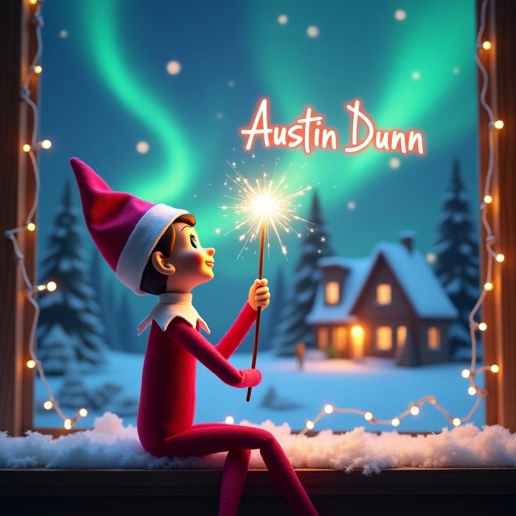 A pink elf on the shelf sits with her back to the viewer. She gazes skyward and holds a glowing wand that emits sparkling light. A charming Christmas scene is in the background with colorful northern lights. A cozy house is in the distance, decorated for the holidays. Snow covers the ground, adding to the winter atmosphere. The elf is in a playful position, embodying the spirit of magic and wonder. The name 'Austin Dunn' is written in the air with the wand, creating a sense of holiday cheer.