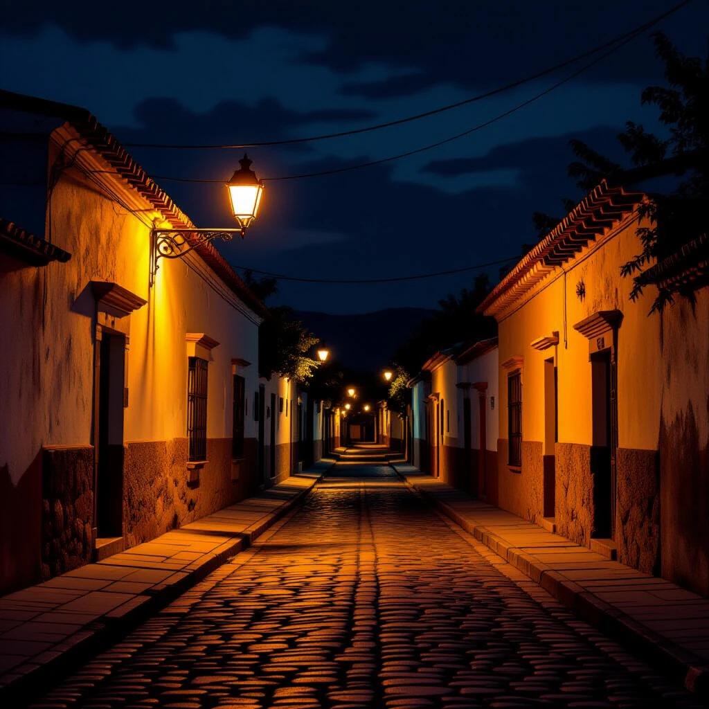 Front-facing view of a rural Mexican street at night. Dim streetlights cast warm light. Rustic houses with textured walls. Cobblestone road with deep shadows. Cinematic lighting created with high detail.